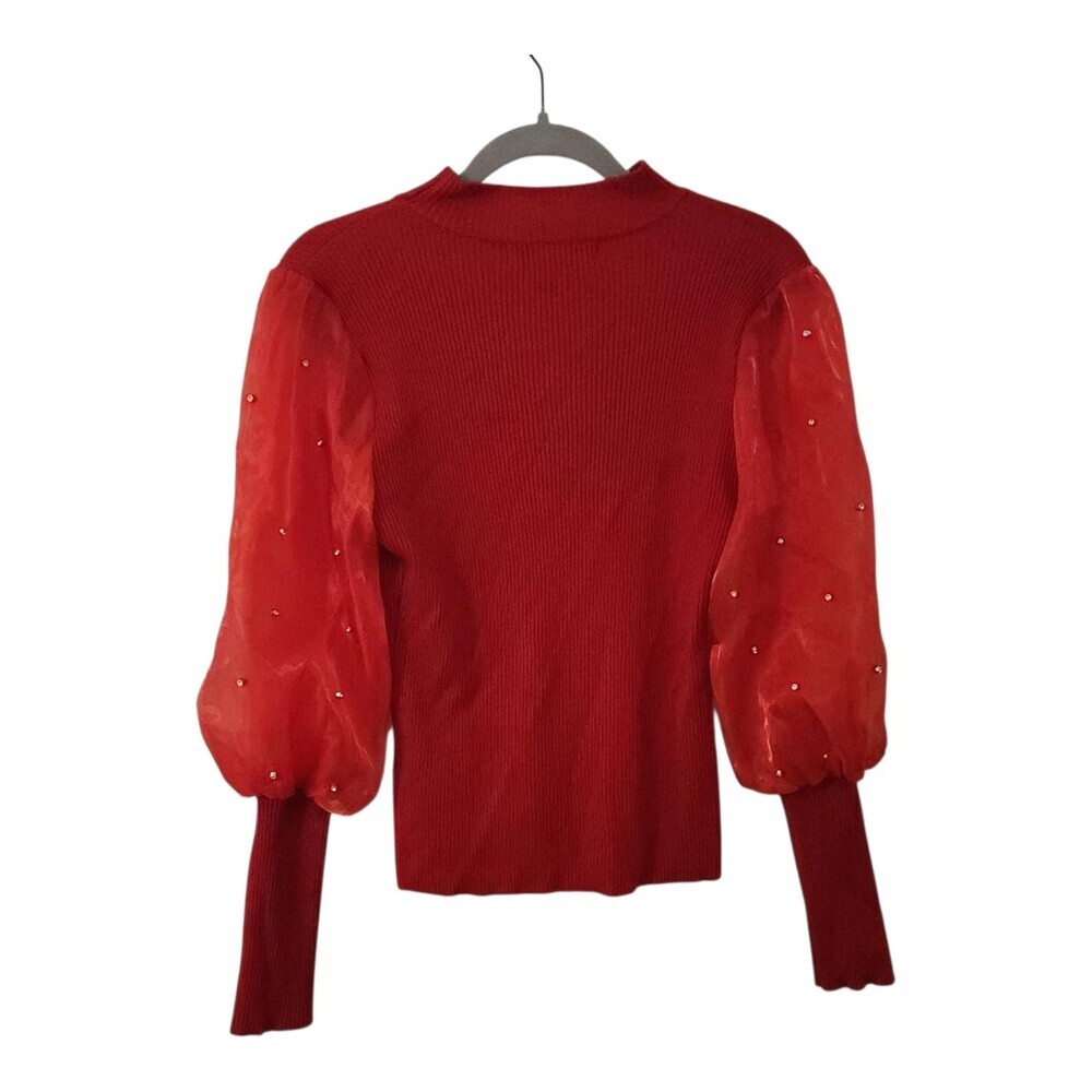 Almost Famous Sweater Womens M Red Cutout Sheer Puff Sleeve Rhinestone Top - Picture 3 of 12
